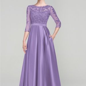A-line Scoop Illusion Floor-Length Satin Lace Evening Dress